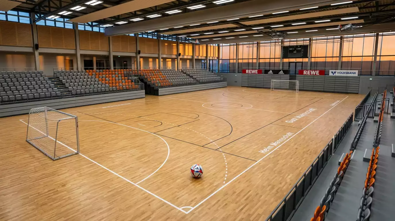 Futsal-Spielfeld in einer Indoor-Halle mit Hallenmarkierungen und Toren
