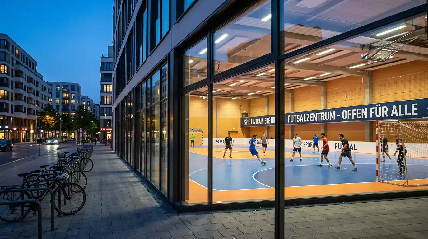 Moderne Futsal-Halle in einem städtischen Umfeld mit Spielern beim Training