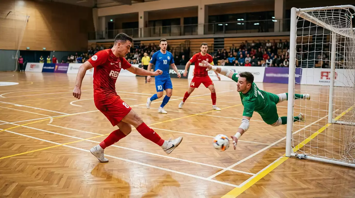 Futsal-Spielszene mit Torschuss und Torhüter bei einem professionellen Hallenspiel